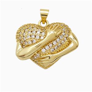 Copper Heart Pendant Pave Zirconia Love Embrace Gold Plated, approx 19-25mm