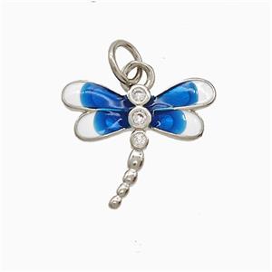 Copper Dragonfly Pendant Pave Zirconia Blue Enamel Platinum Plated, approx 14-16mm