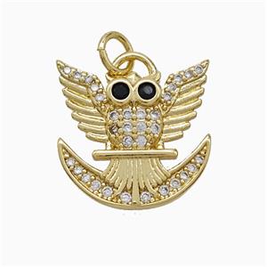 Halloween Owl Charms Copper Birds Pendant Pave Zirconia Moon Gold Plated, approx 16-17mm