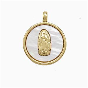 Copper Virgin Mary Pendant Pave Shell Circle Gold Plated, approx 15mm