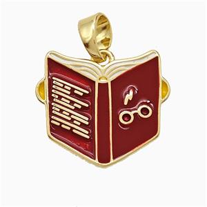 Book Charms Copper Pendant Red Enamel Gold Plated, approx 18mm