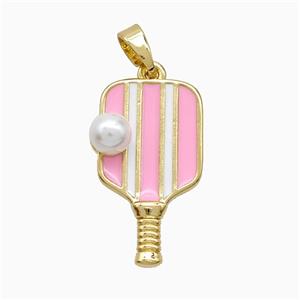 Copper Pickleball Paddle Pendant Pave Resin Pink Enamel Sports Gold Plated, approx 13-22mm