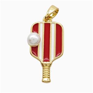 Copper Pickleball Paddle Pendant Pave Resin Red Enamel Sports Gold Plated, approx 13-22mm