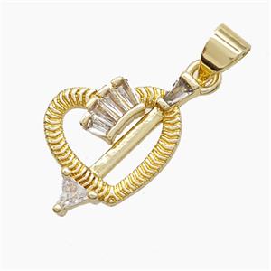 Copper Cupid Arrow Heart Pendant Pave Zirconia Gold Plated, approx 13-18mm