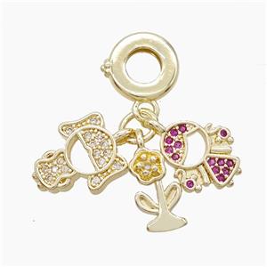 Copper Kids And Flower Pendant Pave Zirconia Gold Plated, approx 6-12mm, 10mm dia