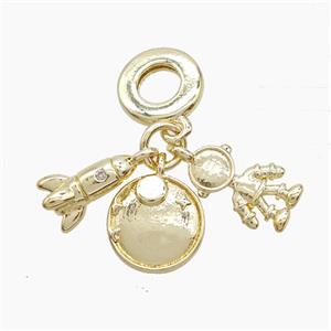 Copper Rocket And Astronaut Planet Pendant Pave Zirconia Gold Plated, approx 7-11mm, 10mm dia