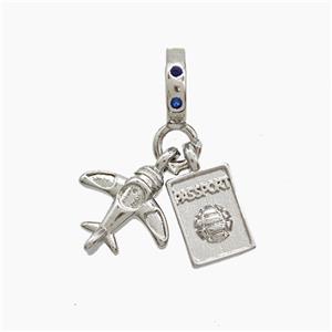 Copper Airplane And Passport Pendant Plave Zirconia Platinum Plated, approx 6-11mm, 8mm dia