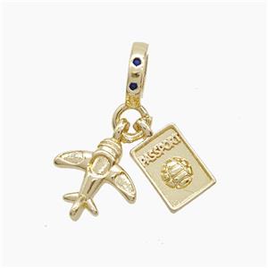 Copper Airplane And Passport Pendant Pave Zirconia Gold Plated, approx 6-11mm, 8mm dia
