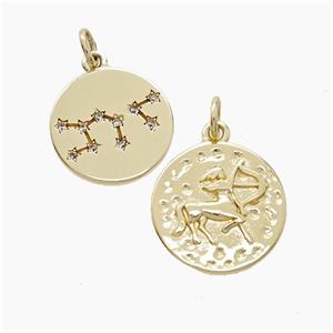 Zodiac Sagittarius Copper Pendant Pave Zirconia Hammered Gold Plated, approx 15mm