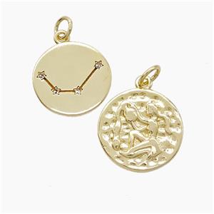 Zodiac Aquarius Copper Pendant Pave Zirconia Hammered Gold Plated, approx 15mm