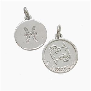 Zodiac Pisces Copper Pendant Pave Zirconia Platinum Plated, approx 16mm