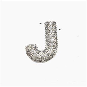 Copper Letter-J Pendant Pave Zirconia Platinum Plated, approx 10-13mm