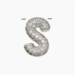Copper Letter-S Pendant Pave Zirconia Platinum Plated, approx 10-13mm