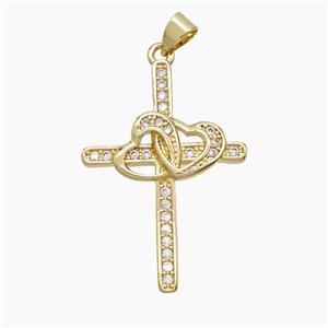 Copper Cross Pendant Pave Zirconia Heart 18K Gold Plated, approx 23-32mm