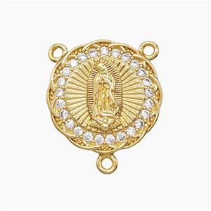 Copper Virgin Mary Pendant Pave Zirconia 18K Gold Plated, approx 17mm