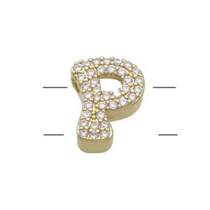 Copper Letter-P Beads Pave Zirconia 2holes Gold Plated, approx 10-13mm