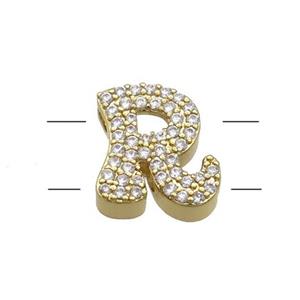 Copper Letter-R Beads Pave Zirconia 2holes Gold Plated, approx 10-13mm