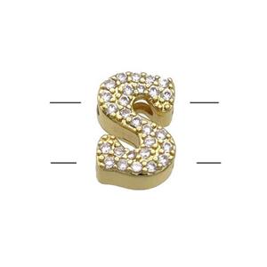Copper Letter-S Beads Pave Zirconia 2holes Gold Plated, approx 10-13mm
