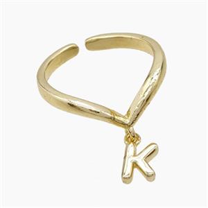 Copper Ring With Letter-K Gold Plated, approx 6-7mm, 18mm dia