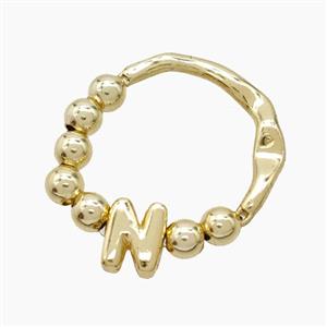 Copper Ring With Letter-N Gold Plated, approx 6-7mm, 18mm dia