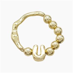 Copper Ring With Letter-U Gold Plated, approx 6-7mm, 18mm dia