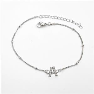 Copper Bracelet With Letter-A Pave Zirconia Platinum Plated, approx 6-9mm, 19-24cm length