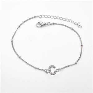 Copper Bracelet With Letter-C Pave Zirconia Platinum Plated, approx 6-9mm, 19-24cm length