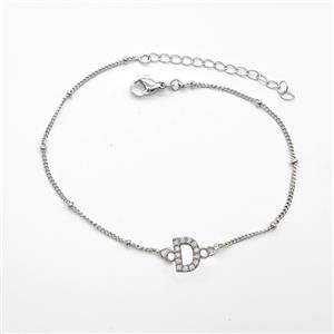 Copper Bracelet With Letter-D Pave Zirconia Platinum Plated, approx 6-9mm, 19-24cm length
