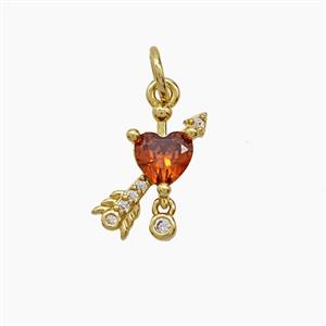 Copper Cupid Arrow Heart Pendant Pave Zirconia Crystal Glass Gold Plated, approx 7.5-13mm