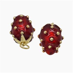 Copper Strawberry Pendant Red Painted Gold Plated, approx 11-16mm