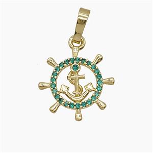 Copper Anchor And Shipwheel Pendant Pave Zirconia Gold Plated, approx 16mm