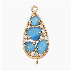 Copper Teardrop Connector Pave Blue Cateye Crystal Gold Plated, approx 12-23mm