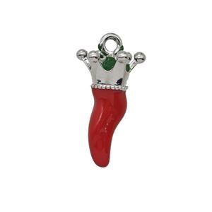 Copper Chili Pendant Red Enamel Crown Platinum Plated, approx 9-17mm