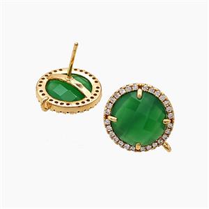 Copper Circle Stud Earrings Pave Zirconia Green Jadeite Glass Gold Plated, approx 15mm