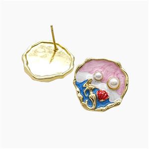 Copper Mermaid Stud Earrings Pave Resin Enamel Gold Plated, approx 19mm
