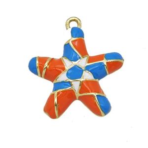 Copper Star Pendant Red Blue Enamel Gold Plated, approx 18mm