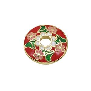 Copper Beadcaps Red Enamel Flower Gold Plated, approx 15mm