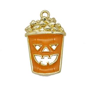Halloween Monster Bucket Charms Copper Popcorn Pendant Orange Enamel Gold Plated, approx 15-20mm