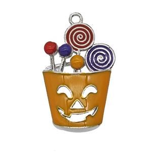 Halloween Monster Bucket Charms Copper Pendant Lollipop Orange Enamel Platinum Plated, approx 15-22mm