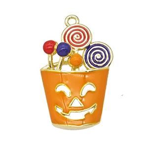 Halloween Monster Bucket Charms Copper Pendant Lollipop Orange Enamel Gold Plated, approx 15-22mm