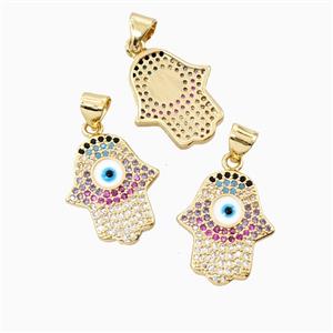 Copper Hamsahand Pendant Micropave Zirconia Evil Eye 18K Gold Plated, approx 15-18mm