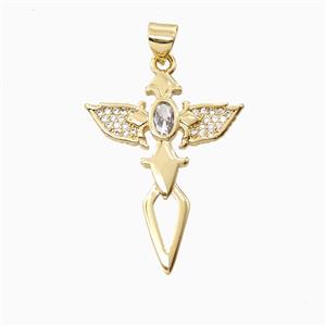 Copper Wing Cross Pendant Pave Zirconia 18K Gold Plated, approx 23-30mm