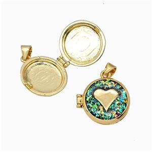 Copper Heart Locket Pendant Pave Fireopal 18K Gold Plated, approx 16mm