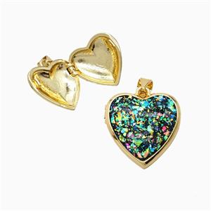 Copper Heart Locket Pendant Pave Fireopal 18K Gold Plated, approx 17.5mm
