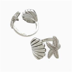 Copper Starfish And Scallop Shell Rings Platinum Plated, approx 15mm, 18mm dia