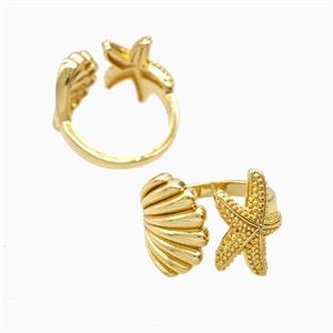 Copper Starfish And Scallop Shell Rings 18K Gold Plated, approx 15mm, 18mm dia