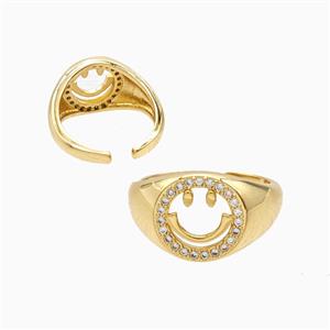 Copper Emoji Rings Pave Zirconia Smileface 18K Gold Plated, approx 12mm, 18mm dia