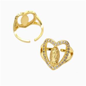 Copper Heart Virgin Mary Rings Pave Zirconia 18K Gold Plated, approx 16-18mm, 18mm dia