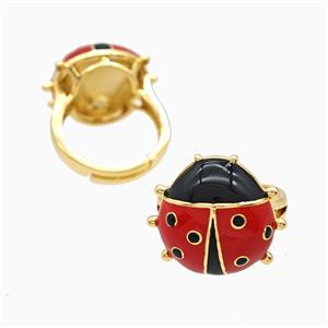 Copper Ladybug Rings Red Enamel Adjustable 18K Gold Plated, approx 22mm, 18mm dia