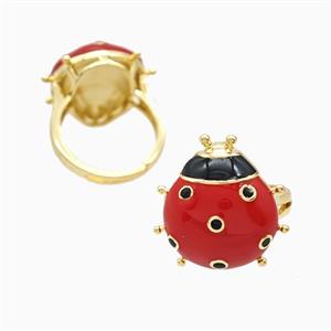 Copper Ladybug Rings Red Enamel Adjustable 18K Gold Plated, approx 20-22mm, 18mm dia